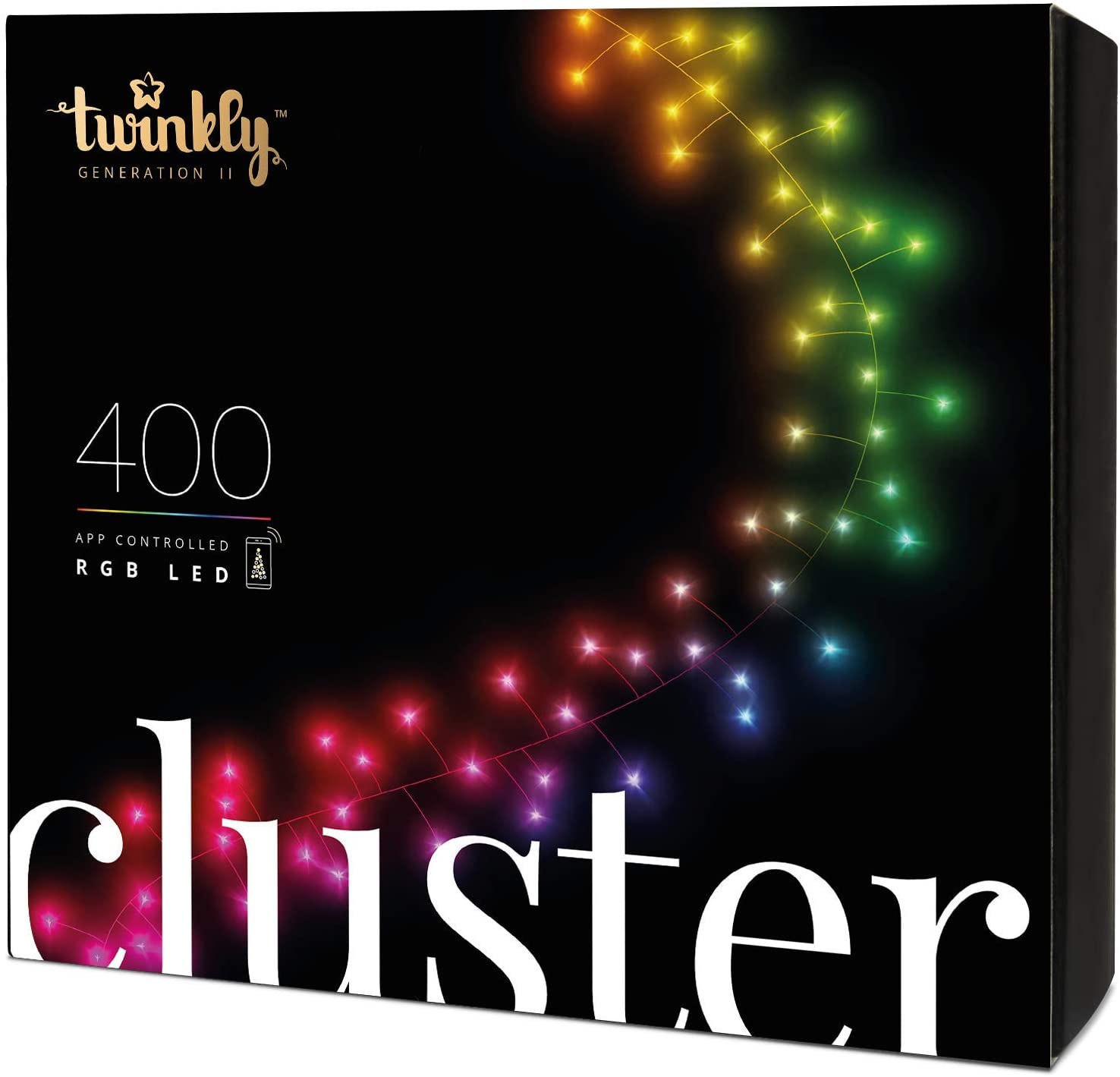 Farebná svetelná reťaz Twinkly cluster multicolor 400LED. Má pestrú farebnú škálu svietenia. Farby svietenia sa dajú medzi sebou kombinovať a prepínať.