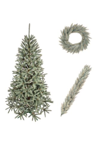 Vianočná kolekcia Smrek Strieborný v ľadovozelenej farbe pozostávajúca z vianočného stromčeka, vianočnej girlandy a adventného venca