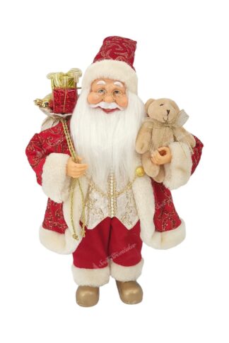 Dekorácia Santa Claus Červeno-Zlatý 40cm, má oblečený červený kabát so zlatým lemom aretiazkami. Má zlatú vestu a zlaté topánky. V ruke drží plyšovú hračku